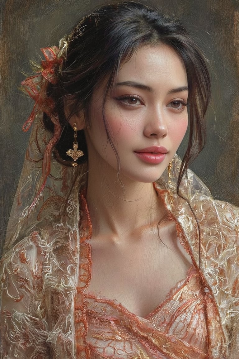 Leonardo da Vinci-inspired, detailed lace shawl, beautiful woman with Malay features in traditional attire, lifelike portrait, rich textures, chiaroscuro lighting, masterful shading, realistic and expressive face, classical art style, historical themes, vibrant color palette, timeless elegance, masterpiece, with a contemplative and mysterious gaze and a subtle smile on her lips. elegant cursive handwritten signature of the name 'by Bob', with a small heart above the letter 'o', MsK,Sketching1.hanna,Pencil drawing,Sar4he,Puffblouse,Syazi89,CK4t,CaricatureXmiya