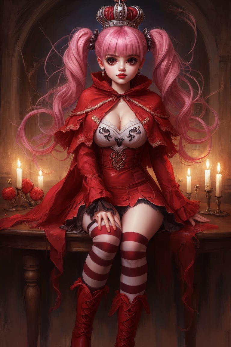 PeronaChan sits across the candlelit table, her piercing black eyes locking onto the viewer as if daring them to look away. Her pink hair is styled in a striking twintails design, with blunt bangs framing her face. A drill hair detail adds an edgy touch to her overall aesthetic. A crown rests atop her head, its presence both regal and mysterious. She wears white shirt with long sleeves, a red skirt that showcases her perfect anatomy, and red boots that seem to gleam in the flickering candlelight. The red capelet flows behind her like a river of fire, while white and black striped stockings add a pop of contrast to her outfit. As she leans forward, her midriff is exposed, drawing the viewer's gaze further into the scene.,Oil Painting Kiko,Peronaflx