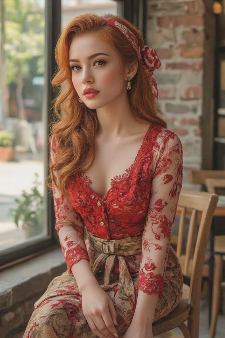 A hyper-realistic, full-body portrait of a fiery-haired girl seated in a vintage coffee shop. Her vibrant red curls cascade down her back, styled with a chic bandana that adds a vintage pin-up charm. She sits casually on a wooden chair, her left hand cradling her chin thoughtfully, while her piercing hazel eyes and lighter red lips create a striking contrast. She wears an elegant red embroidered lace kebaya, fitted to perfection, paired with a richly detailed batik sarong that drapes gracefully over her legs. Every fold, embroidery, and pattern is rendered with lifelike detail, enhancing the realism of the scene. The vintage coffee shop, with its rustic wooden furniture, exposed brick walls, and antique decor, is bathed in soft natural light filtering through large, old-fashioned windows. The lighting casts subtle shadows and highlights the texture of her clothing and surroundings, from the delicate lace of her kebaya to the rich. Her relaxed posture, combined with the warm, nostalgic ambiance of the coffee shop, blurs the line between art and reality, making the scene both immersive and visually captivating.

Curly,PinupFlux,CK4t,Kebayabalilia,kebaya bali,RealisticNeemo