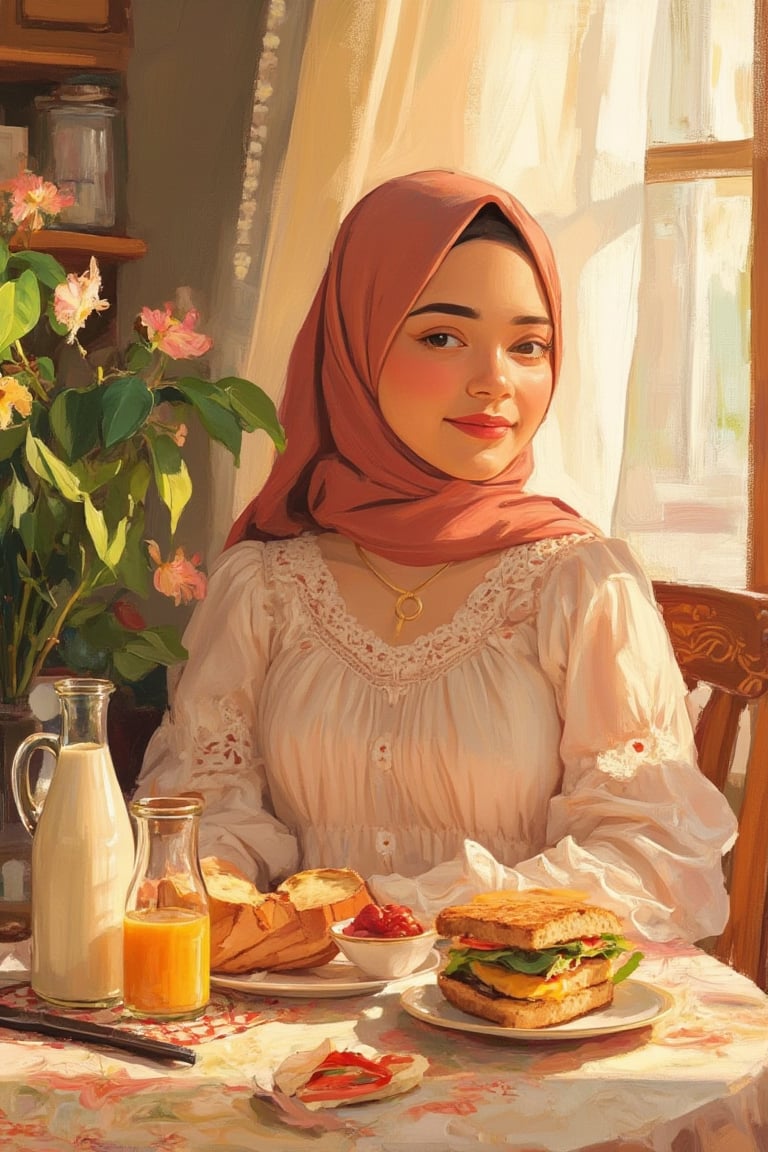 A Tove Jansson-inspired illustration of a Malay woman wearing a hijab and a loose dress, seated at a table enjoying breakfast in the morning. The soft, warm light of dawn illuminates her serene expression and the delicate patterns of her dress. The composition is cozy, with the table set with a simple breakfast, and the woman's hijab and dress flowing gently. The background features a peaceful, homey setting, evoking a sense of comfort and tranquility.,MsK