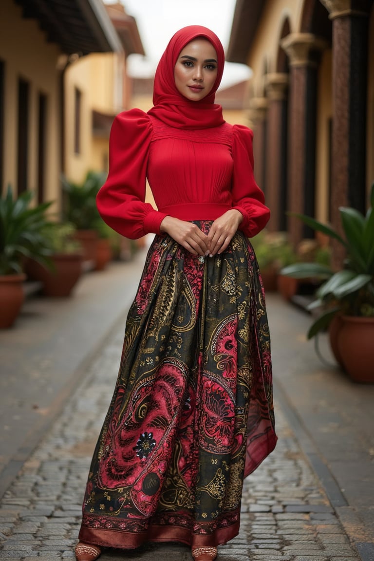 a Beautiful Malay young woman wearing a red Puffblouse, standing confidently in a traditional malay style building. Wearing batik sarong should have an intricate pattern with a mix of traditional motifs like flowers, leaves, or geometric shapes, in bold colors like dark green, earthy browns, or bright pink. The person should be depicted as stylish and modern, effortlessly blending traditional heritage with contemporary fashion. The background should feature a cityscape of old town colonial era architecture and hints of cultural elements, symbolizing the fusion of tradition and modernity. The overall vibe should be fashionable, confident, and culturally rich,BatikPattern,Zur1n3