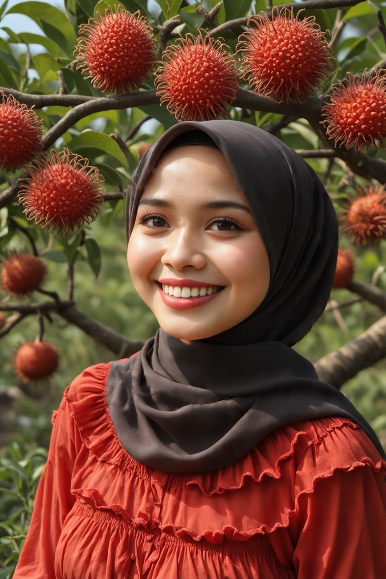 Extremely close-up, young Malay woman, detailed skin textures, joyful expression, dappled light and shade on face, hijab flowing in breeze, radiant smile, red ruffles blouse, blending with lush surroundings, rambutan trees with fruits, carefree happiness, bright atmosphere, lively, sense of freedom, connection with nature, details illuminated by sun's warm glow.,Myzara351