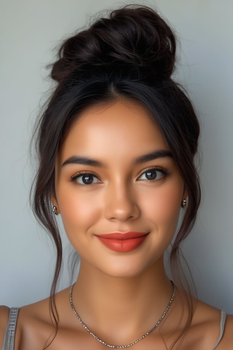 An eye-level portrait of a woman's face, painted in a vibrant shade of brown. Her eyes are a piercing blue, and her eyebrows are a darker shade of green. Her hair is pulled back in a bun, cascading down to her shoulders. Her lips are painted a deep red, with a slight smile on her lips. She is wearing a pair of silver earrings, adding a pop of color to her face. The woman's hair is a vibrant black, and she's wearing a necklace around her neck. The backdrop is a light gray, 