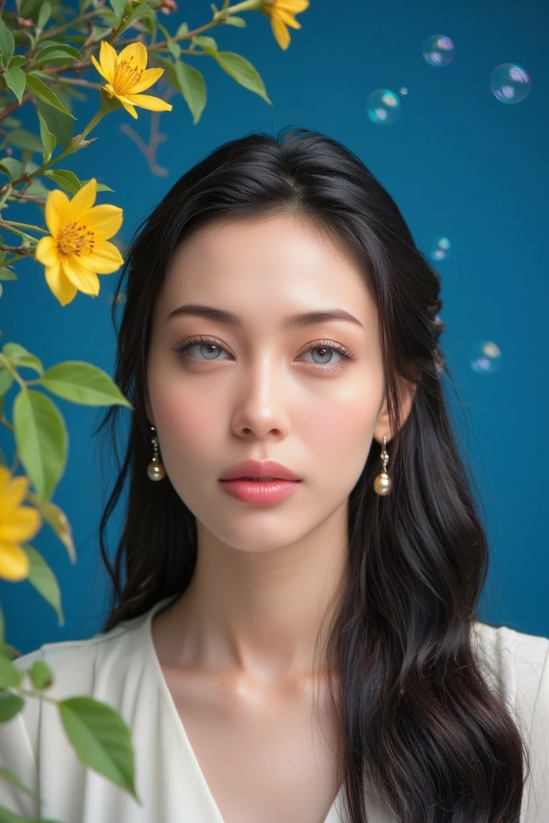 a medium-sized Asian woman with long, wavy black hair, and blue eyes stands in the foreground of the frame. She is facing the viewer, her lips pursed in a pinkish-pink lips, and her hair cascades over her shoulders. Her eyes are a piercing blue, and she is wearing a pair of dangling earrings, adding a pop of color to her face. The backdrop is a deep blue, with a few small white bubbles floating in the air. To the left of the woman, a branch with a yellow flower is visible, adding depth to the composition
J4d3,Un4d,N4jku,Shrin4,Pixomeda style,N1N4,CK4t