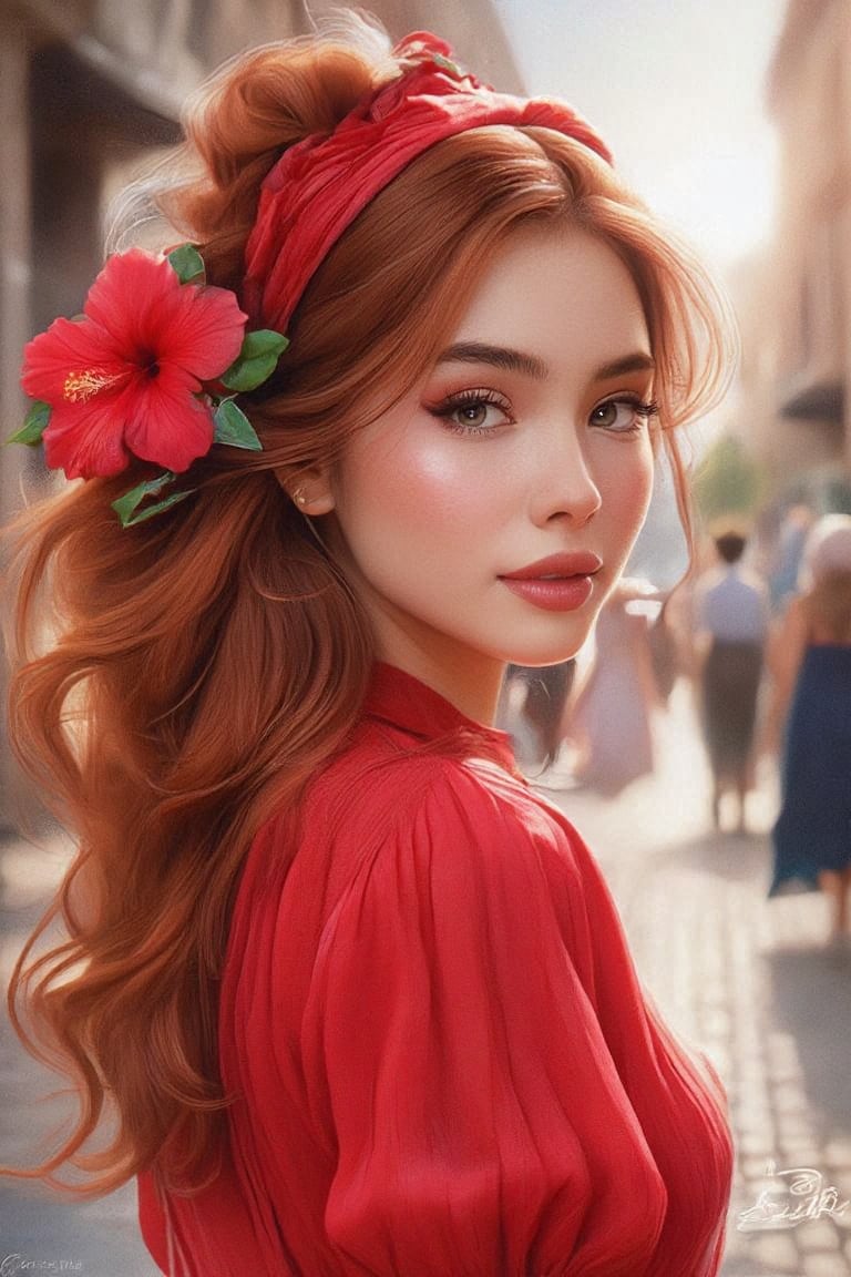  a whimsical and vibrant portrait of a red-haired woman with a hibiscus flower tucked behind her ear and a playful red bow perched atop her head. Her freckled face is lit up with humor as she rolls her piercing green eyes in an exaggerated, cartoonish manner, adding a touch of comedy to her expression. She wear red Puffblouse Her cascading hair frames her face, blending seamlessly with the lively backdrop of a bustling cobblestone street where people walk in the distance, slightly blurred to keep the focus on her. In the bottom right corner, the signature "Bob Azhar" is elegantly inscribed, adding an air of mystery. Let the artwork capture the charm of whimsical spontaneity, merging everyday life with playful fantasy.,Digital Illustration 1.hanna,WatercolorWash,Resaqis