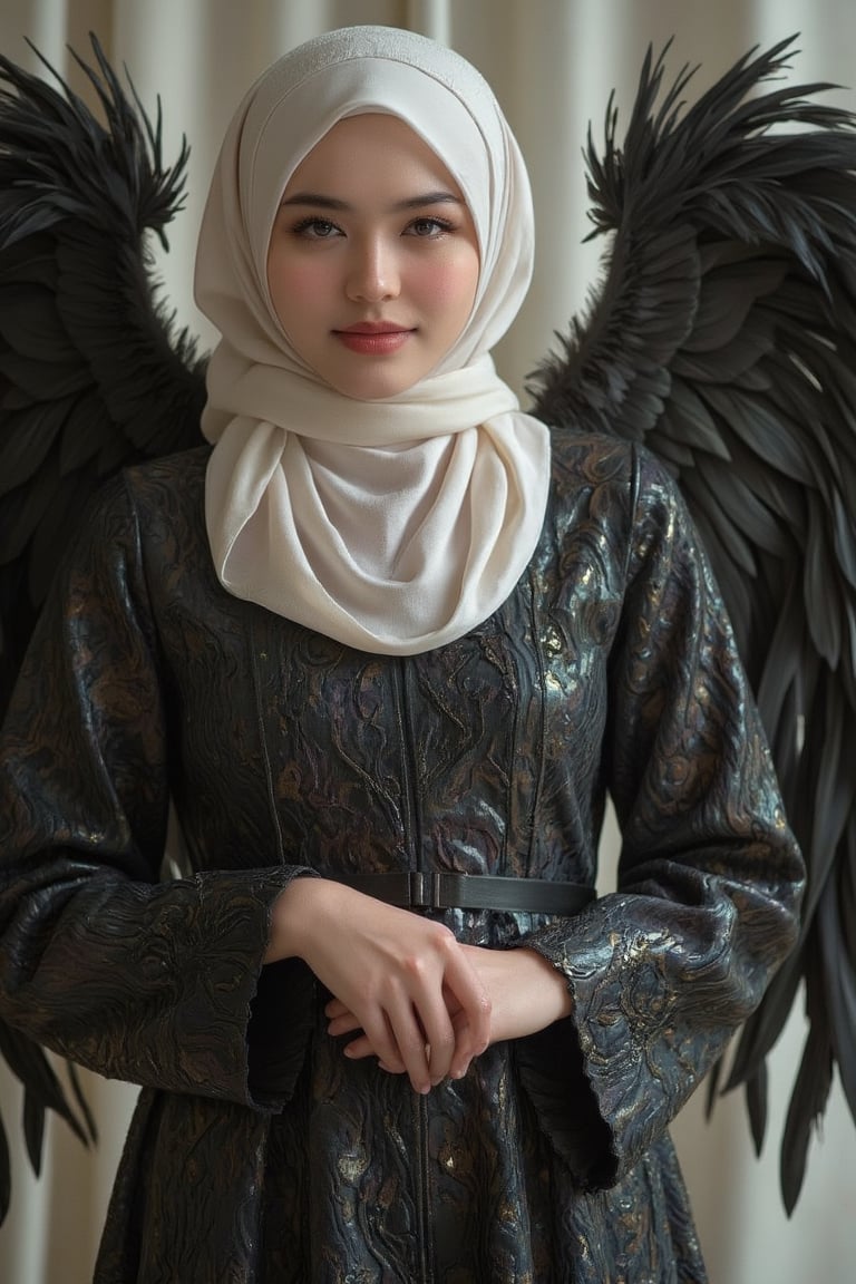 a woman dressed in a black dress, adorned with a white hijab around her neck and a white headband. She is standing with her hands clasped in front of her. Her wings are adorned with black feathers, adding a touch of warmth to her outfit. The background is blurred, creating a stark contrast to the woman's outfit.