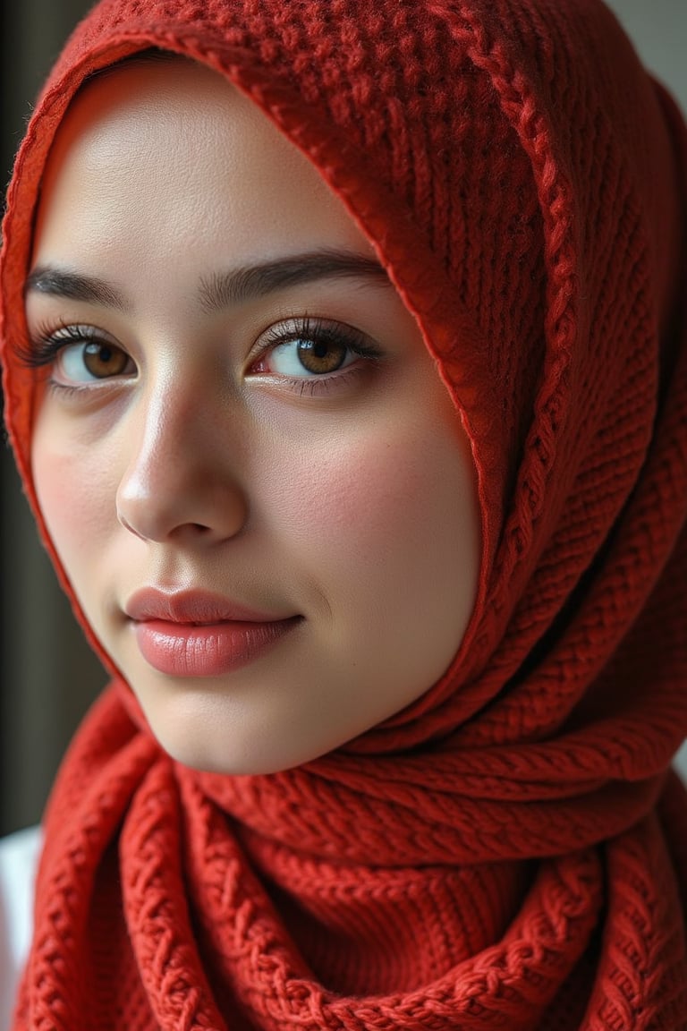 side view close up portrait of a young Malay woman with red knitted long hijab cover chest. Her eyes are a piercing hazel eyes, and her eyebrows are a blonde shade of brown. deep dimples, cleft chin, freakles on face, Her lips are a lighter shade of pink, her face Tilly aside and she is wearing a light pink lipstick. adding a touch of color to her face. Focus on the intricate textures of her skin and the vibrant glow emanating from the cracks, with special attention to the eyes, cheeks, lips, chin detailed skin pore style. The background is blurred, L1LY,Midjourney_Whisper