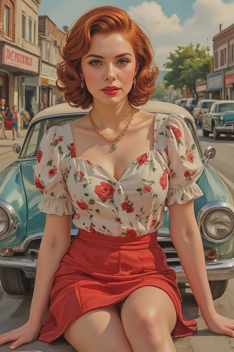 Full body of a stylish 1950s pin-up model with vintage flair, sitting confidently on the hood of a classic car. She wears a white blouse adorned with red roses and a vibrant red skirt. Her hair is elegantly styled in a retro updo, capturing the essence of mid-20th-century glamour and sophistication. The background should evoke a sense of nostalgia, with hints of classic Americana
,pencil drawing,colored pencil drawing,WatercolorWash,Oil painting effect,WatercolorWash,Zur1n3,Chenell,Syazi89,artberat,Puffblouse,Impasto Nature,WatercolorWash,Low poly art,low poly style,low poly pop art,low poly illustration,PinupFlux