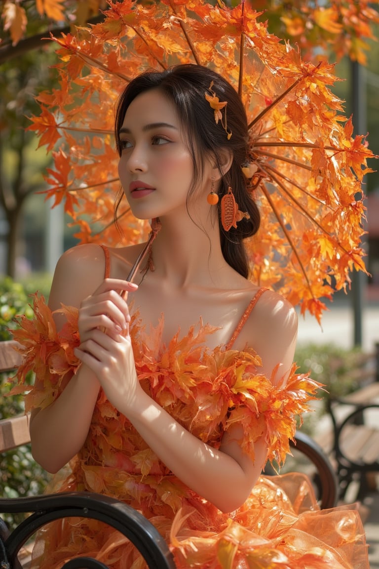 woman sitting on a bench and holding an umbrella made of autumn leaves 🍂 🍁, color photo, pixabay contest winner, dress made of leaves, golden theme, seasons!!!! : 🌸 ☀ 🍂 ❄, gorgeous beautiful woman, orange tone, lori earley, elegant lady with alabaster skin, avatar image, beautiful dress, 👰 🏇 🍃, vladimir nikolaev, brown colors, beige and gold tones, fashion photography, Vogue editorial board 