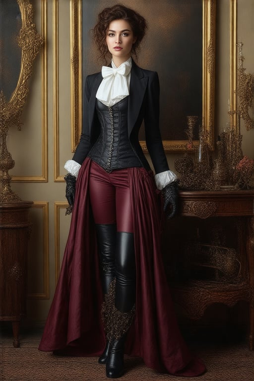 an imaginative artwork depicting a lady in a fusion of Victorian elegance and steampunk style. She wears a sophisticated black suit bow tie with Victorian-era elements, including a form-fitting white corset and a  long flowing burgundy skirt. Her ensemble is accentuated by sleek black leather boots and intricate accessories, blending elegance with industrial flair. The setting is a luxurious room with gold-framed paintings and rich brown furnishings, hinting at a world where tradition meets whimsical innovation.,Nelly35,Myzara35