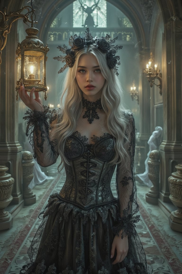 Create an artwork that captures a mystical woman inside a haunted castle, blending fantasy and gothic Victorian aesthetics. She stands in a grand, dimly lit hall, her long, silver hair cascading elegantly down her back, adorned with dark roses and lace. Her dress is a gothic masterpiece—black with intricate lace, corsets, and flowing layers, shimmering with dark magic as parts of the fabric appear to dissolve into mist. In her hand, she holds an ornate, glowing lantern that illuminates the ancient, dusty surroundings, casting eerie shadows on the stone walls.

The hall is filled with ghostly figures from a bygone era, their forms translucent and dancing to a silent waltz. The castle's grand architecture, with its high ceilings and elaborate chandeliers, adds to the atmosphere of mystery and history. Her hauntingly enchanting gaze, with glowing eyes that suggest an otherworldly power, draws viewers in as they explore the intricate details of the scene. The atmosphere is gothic and mysterious, with shadows swirling around her, and the entire composition is presented in high contrast and low saturation, rendered in 8k ultra-high resolution for the finest quality and detail.L1ly