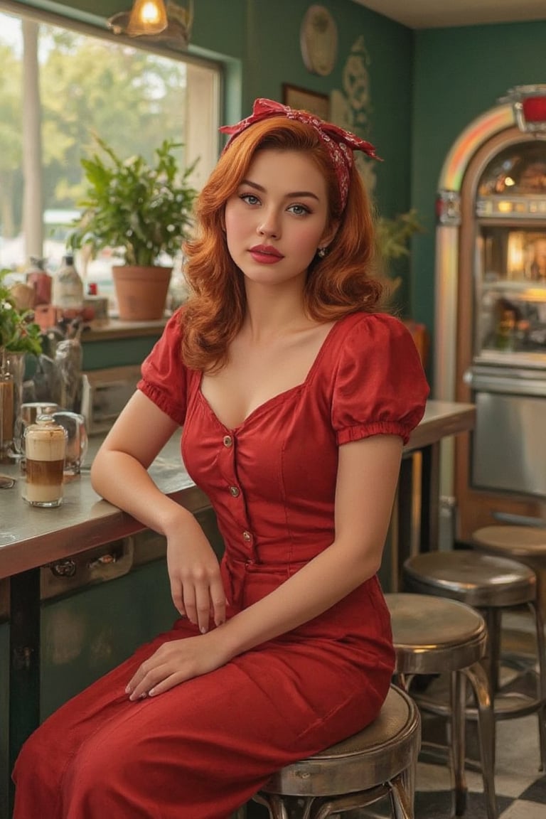 an imaginative and vibrant artwork featuring a fiery-haired girl in a vintage setting. The scene is set in a classic 1950s diner, where she sits on a retro bar stool, sipping a steaming cup of coffee. Her radiant red locks cascade down her shoulders, adorned with a stylish bandana that adds flair to her vintage pin-up hairstyle. She is wearing a striking red puff blouse paired with a long, pleated skirt that adds elegance and charm to her look. Her piercing blue eyes and lighter blue lips form a captivating contrast to her outfit. The backdrop is a lush green wall that complements her attire, with soft natural light streaming through the diner's windows, casting a warm glow on her features. The diner is filled with nostalgic elements like a jukebox, checkered floors, and chrome accents, enhancing the overall vintage atmosphere of the scene..,Curly,PinupFlux,CK4t