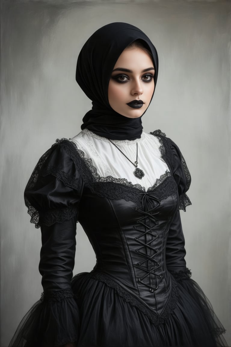 High-resolution, medium close-up portrait, upper body, gothic woman, pale porcelain complexion, dark smoky eyeshadow, jet-black lipstick, black embroidery hijab, white turtleneck inner, gothic corset, intricate lace, low-key lighting, shadowed background, haunting vibe, young woman, goth girl, Victorian style, gothic fashion, dark romantic, ruched neckline, lace appliqué, tulle skirt..,Resaqis35