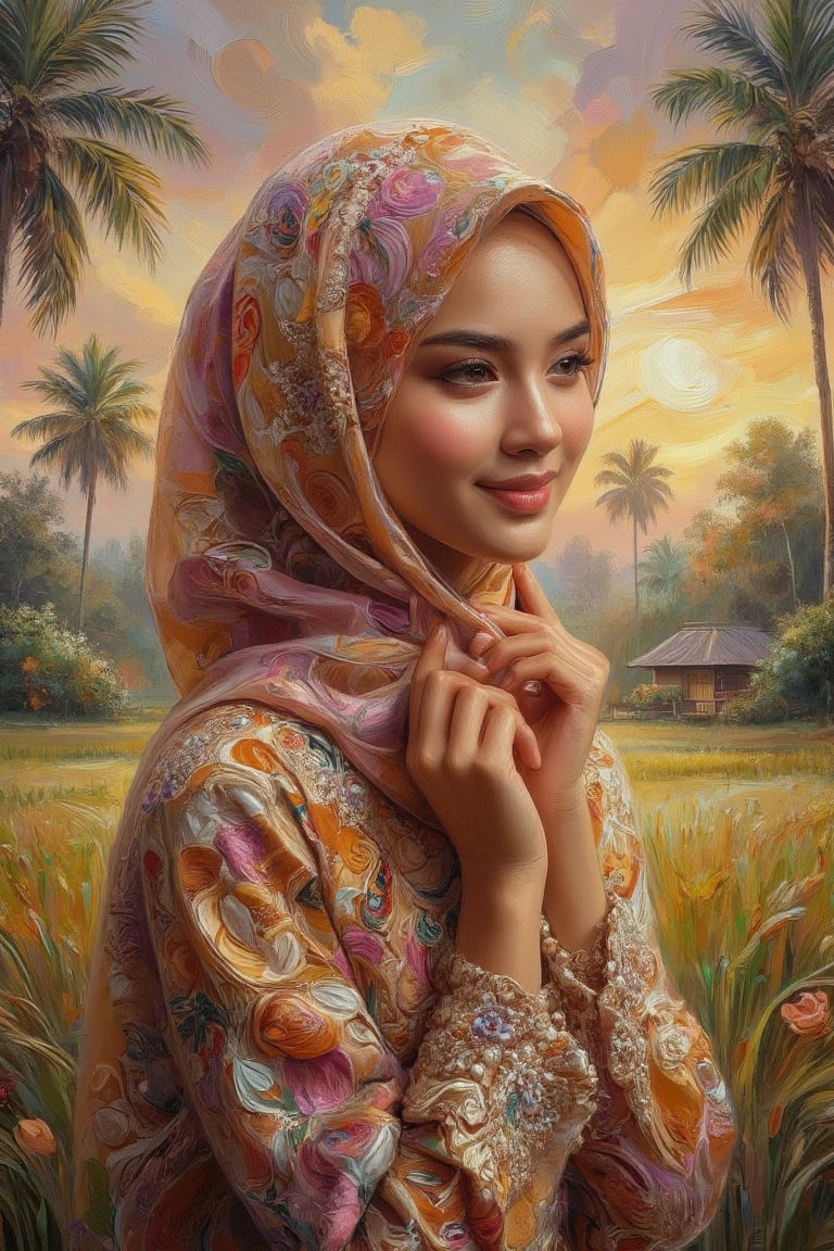 a vivid and enchanting portrait of a young woman wearing a beautifully patterned hijab in warm, earthy tones. She is standing in a lush, serene rice field at sunset, with the sky painted in soft hues of orange and purple. Her expression is peaceful and content, and her attire is adorned with intricate floral designs and delicate pearls. Deep dimples, cleft chin,parted lips The impasto knife painting background features tall palm trees and quaint village houses, enhancing the tranquil rural setting. Capture the gentle glow of the golden hour, highlighting her radiant smile and the rich colors of her surroundings.,L1ly,Oil Painting Kiko,aidmafluxpro1.1,PaletteKnifePainting,ImpastoKiko 