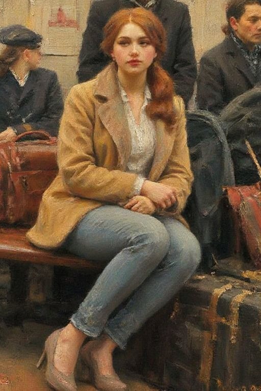 a work of art in the Gustav Klimt style, Woman with long red hair, sitting on a bench waiting for the train. She wears a short yellowish brown coat with a fur collar, a white lace blouse, jeans, high-heeled shoes. She carries many suitcases.Train station scene,
,Stirling impasto-style
yazi89,RealisticNeemo,ArcylicOil Painting 1,N4jku