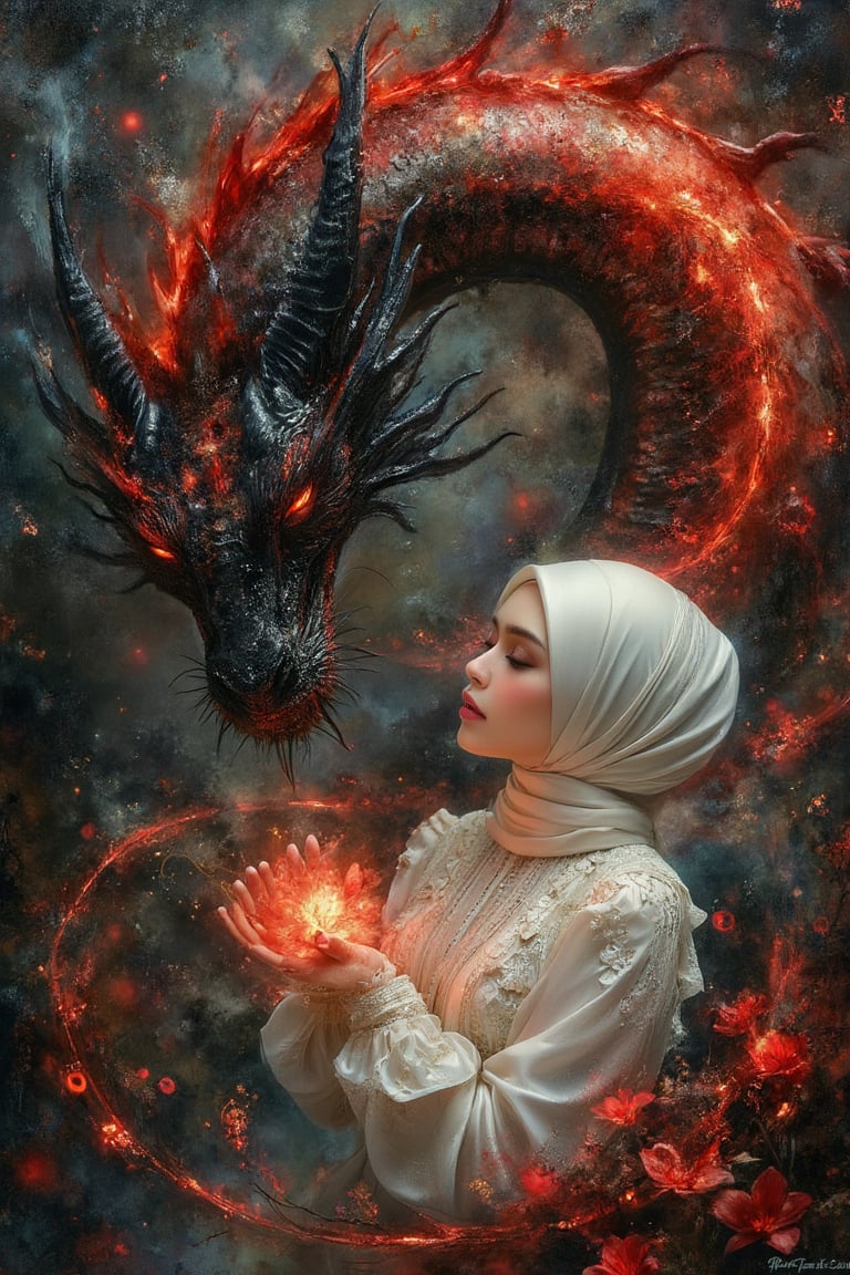 an  dark oil painting, grunge strokes style, In a dark fantasy world, a black fiercly dragon and a fairy hijab princess wearing  white kebaya bali share an enchanting magical story. The dragon, a combination of Asian and European majestic and powerful, exudes an red aura of strength.  the fairy princess with a flower aura on her hands, ethereal and graceful, glows with an otherworldly beauty. They are depicted in a lush, enchanted forest, filled with lower mute colors and magical red flora. The scene captures their deep connection, with the dragon's swirling gaze on the princess, Their connection transcends the ordinary, blending the might of the dragon with the delicate charm of the fairy princess. color pallete dark muted earth shades, dark red and black .,Zur1n3,Puffblouse,Midjourney_Whisper