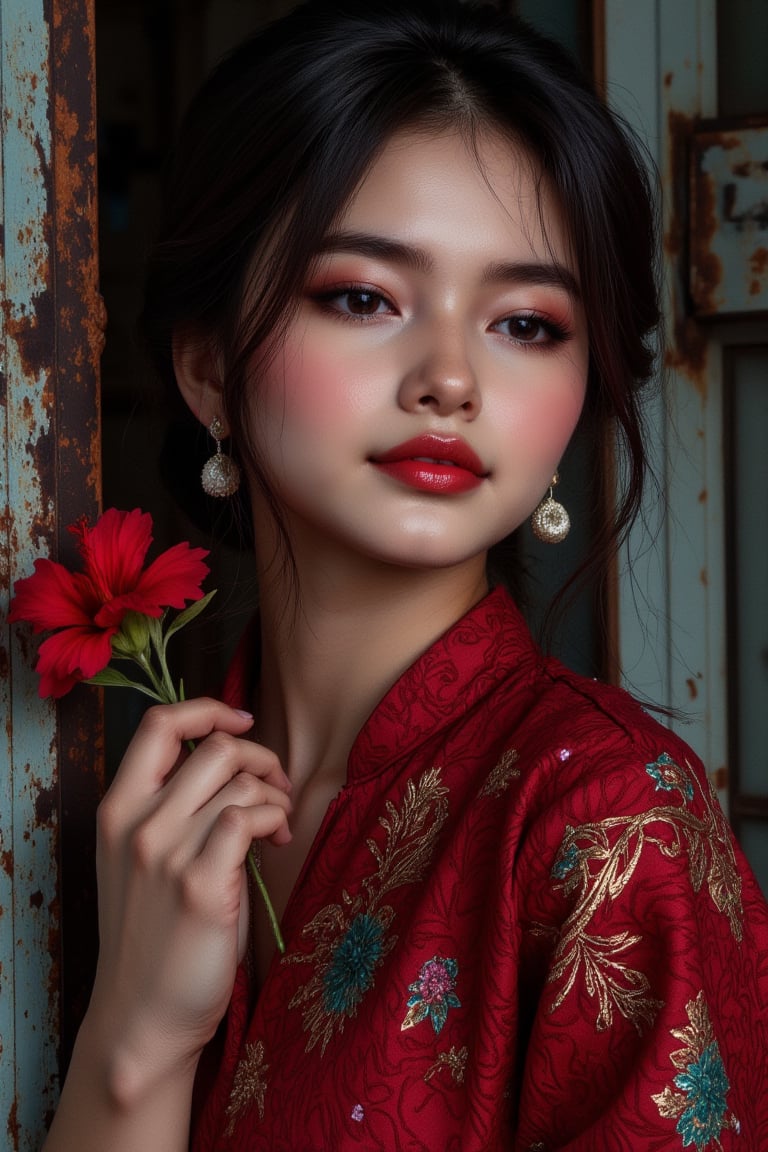 An ultra-realistic 32K UHD cinematic artwork captures an elegant Malay woman with pale skin in an extreme close-up three-quarter view, an 85mm lens at f/2.8, 1/160 sec shutter speed, and ISO 100, showcasing her flawless complexion, red glossy lips, purple eyes, updo ponytail, red Kartini-style kebaya, and hibiscus flower against a cool cultural backdrop with subtle lens flare and diffuse box lighting aesthetic while incorporating a mysterious, partially concealed face effect emerging from a textured, rusted metal surface with a vibrant blue eye, dramatic shadows, and a weathered, artistic look to blend the organic and industrial, evoking mystery and surrealism.,Dyn4Kay,Shrin4