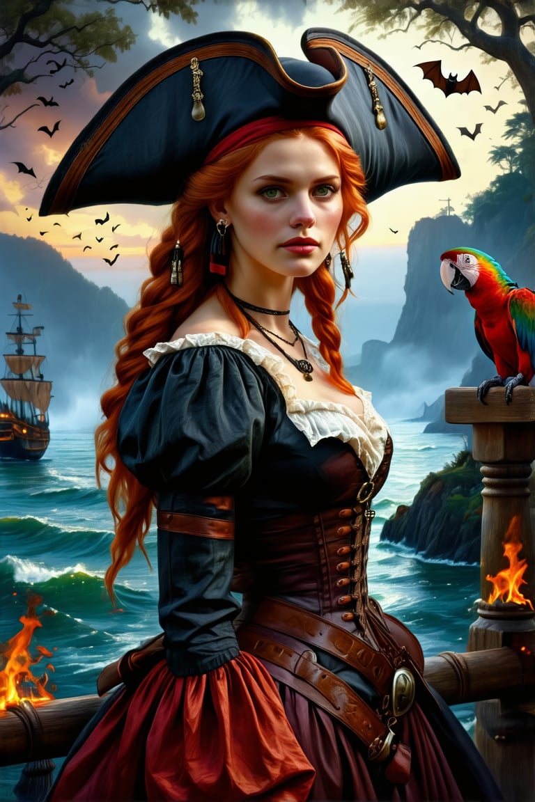 1woman,in the dark, film grain, award winning, (green tint:0.5), looking to the forward, redhead, oil painting, hazel eyes, Pirate woman, confident gaze, detailed attire, vibrant colors, long flowing hair, parrot on shoulder, sea and foggy landscape, bats, red sunset, autumn forest, worn paper, flames at edges, mysterious atmosphere.