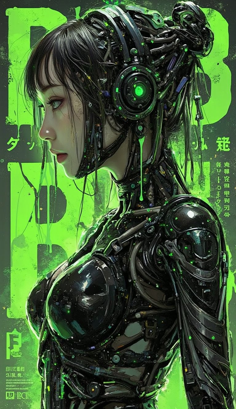 Side profile, female cyborg, futuristic design, black and fluorescent green color scheme, high contrast lighting, highly detailed mechanical textures, sleek and glossy surfaces, intricate components, bold Dripping typography 'BOB' focus on the below, kanji text on background, Japanese text, sci-fi aesthetic, dynamic composition, poster art, digital art style, sharp and precise lines, modern and high-tech appearance, visually striking.
