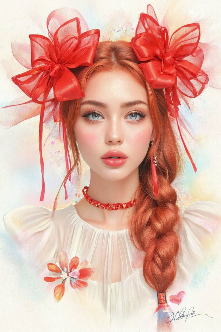 Illustrate a young woman with striking red hair in messy buns with two large red bows and a long braid. She has bright blue eyes, pale skin with freckles, and rosy cheeks. Her expression is playful, as if blowing a kiss, elegant cursive handwritten signature of the name 'by Bob', with a small heart above the letter 'o',
J4d3,Un4d,N4jku,Shrin4,Pixomeda style,N1N4,CK4t, Puffblouse