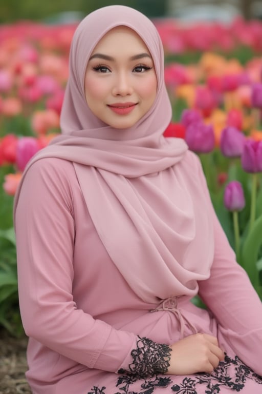 Captured in a low-angle, eye-level perspective, a beautiful young woman, white lace hijab, dressed in a pink baju kurung moden, adorned with a black veil and a black lace trim. She is seated in a field of tulips, her lips pursed with a smile on her face. The tulips are in a vibrant shade of pink, while the tulips in the foreground are in shades of purple, pink, and orange. The background is blurred, creating a backdrop of vibrant colors.