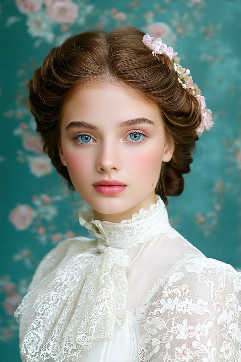 a realistic, classic portrait of a young woman with delicate, fair skin and soft blush tones. She has light blue eyes that reflect depth and curiosity, framed by gentle, warm auburn hair styled into an elegant updo with loose curls cascading. Her expression is calm and slightly wistful, exuding a serene, almost ethereal quality. She wears a vintage lace blouse with intricate floral details and a high collar, adding a touch of Victorian elegance. The background is a muted teal with subtle floral patterns, adding depth without drawing attention away from her face. The lighting is soft, with subtle shadows enhancing her facial features to give the image a timeless, painterly feel.”

,PinupFlux,J4d3,Curly,PINUP35,RetroHairStyles35