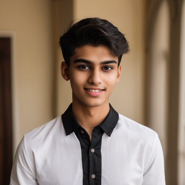 an 18 years old handsome indian man, osman,  wear black costume, sharp focus, finely detailed eyes and face, short black hair, fade haircut, male_only, sharp skin, handsome Indian, standing, smiling 