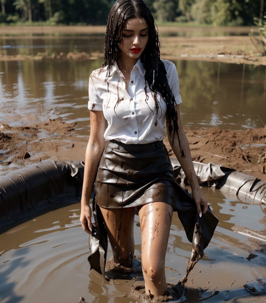 ultra realistic, masterpiece, best quality, photorealistic, unedited photo, 25 year old girl, detailed skin,full_body, Masterpiece, long hair, wet clothes, red lipstick, full fit body, wet hair, mud covered, muddy, covered in mud, black straight hair, wet woman, whole body, visible legs, black skirt, swimming in mud, white shirt