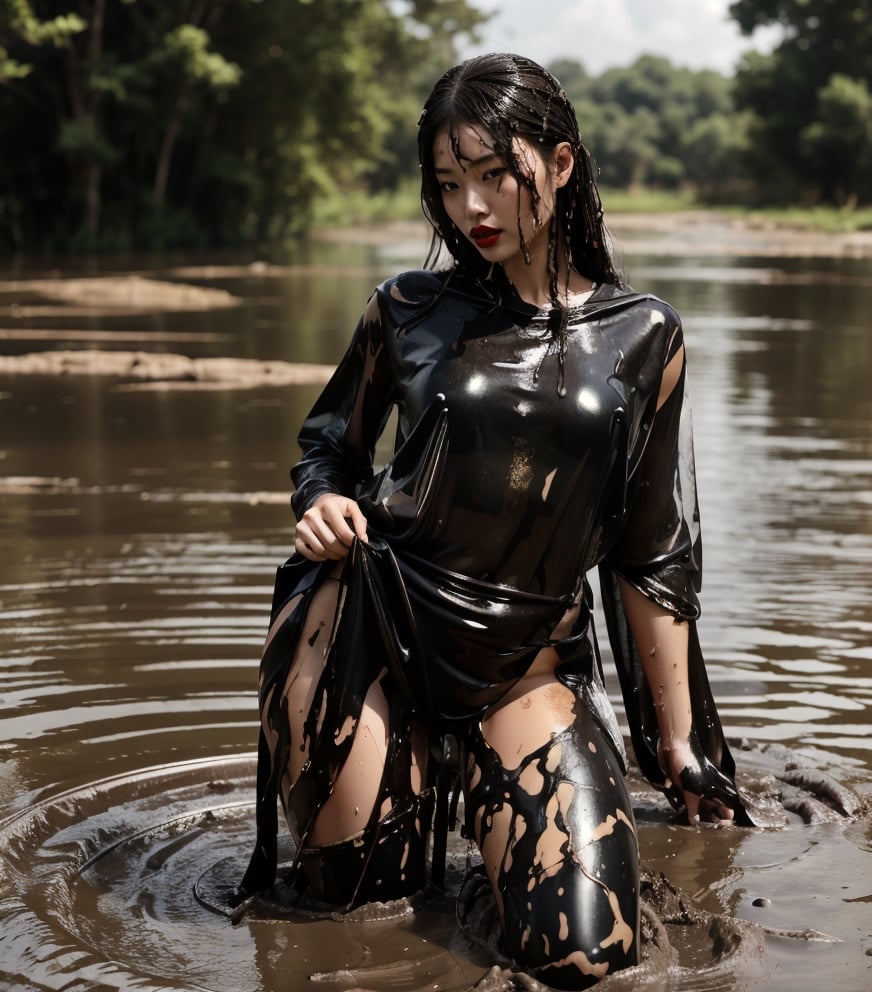 ultra realistic, masterpiece, best quality, photorealistic, unedited photo, 25 year old girl, detailed skin,full_body, Masterpiece, long hair, wet clothes, red lipstick, full fit body, wet hair, mud covered, muddy, covered in mud, black wet straight hair, asian wet woman, whole body, visible legs