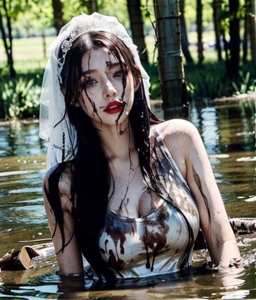 masterpiece, best quality, photorealistic, unedited photo, 25 year old girl, detailed skin,full_body, Masterpiece, long hair, wet clothes, red lipstick, full fit body, wet hair, soakingwetclothes, mud covered, muddy, lying in mud, covered in mud, wedding dress