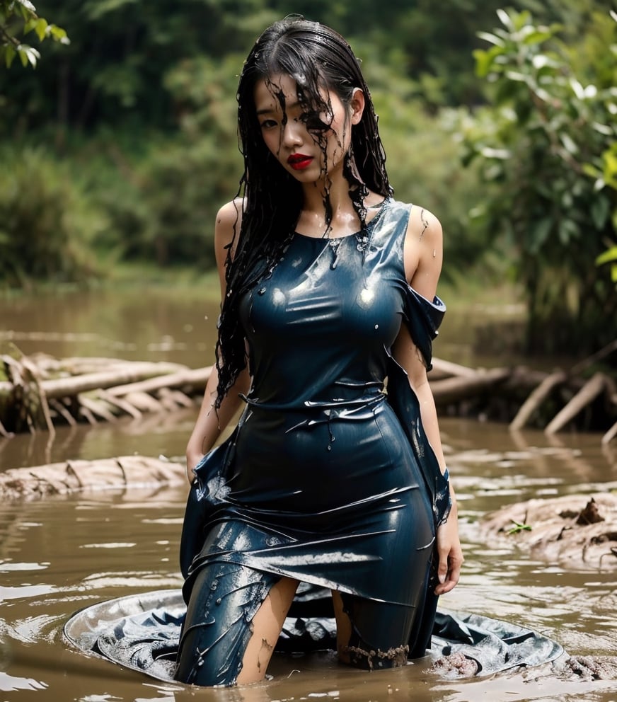 ultra realistic, masterpiece, best quality, photorealistic, unedited photo, 25 year old girl, detailed skin,full_body, Masterpiece, long hair, wet clothes, red lipstick, full fit body, wet hair, mud covered, muddy, covered in mud, black wet straight hair, asian wet woman, whole body, visible legs, blue dress