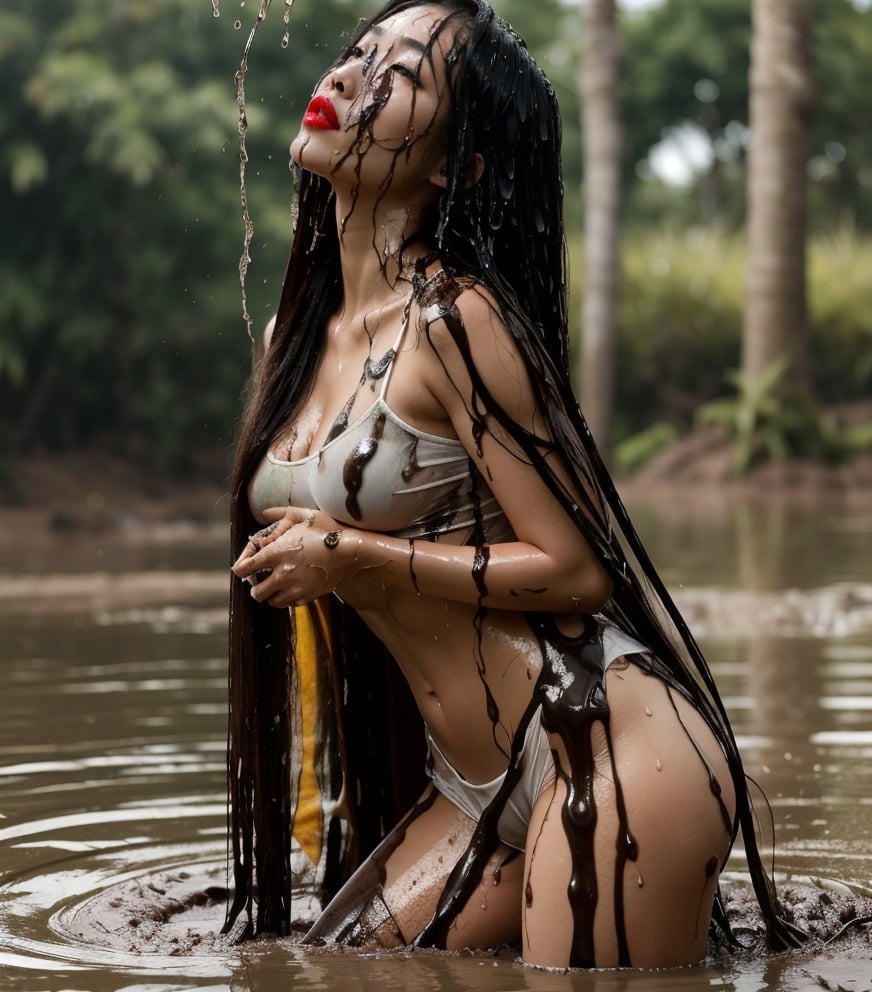 ultra realistic, masterpiece, best quality, photorealistic, unedited photo, 25 year old girl, detailed skin,full_body, Masterpiece, long hair, wet clothes, red lipstick, full fit body, wet hair, mud covered, muddy, covered in mud, black wet straight hair, asian wet woman, whole body, visible legs