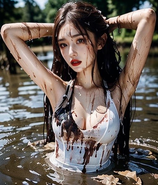 masterpiece, best quality, photorealistic, unedited photo, 25 year old girl, detailed skin,full_body, Masterpiece, long hair, wet clothes, red lipstick, full fit body, wet hair, soakingwetclothes, mud covered, muddy, lying in mud, covered in mud, wedding dress