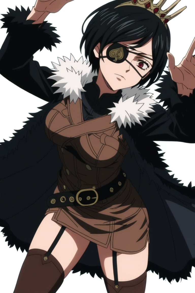 score_9, score_8_up, score_7, source_anime, anime screencap, BREAK,
1girl, black hair, short hair, crown, red eyes, eyepatch , brown vest, brown skirt, belt, straps, brown thigh highs, black jacket, fur trim, crown, fur trim, belt, cape, zettai ryouiki, jacket thighhighs, long sleeves, cloak, short dress, 

, Cowboy shot, 

, ((white background, blank background)):1.3,Vanica