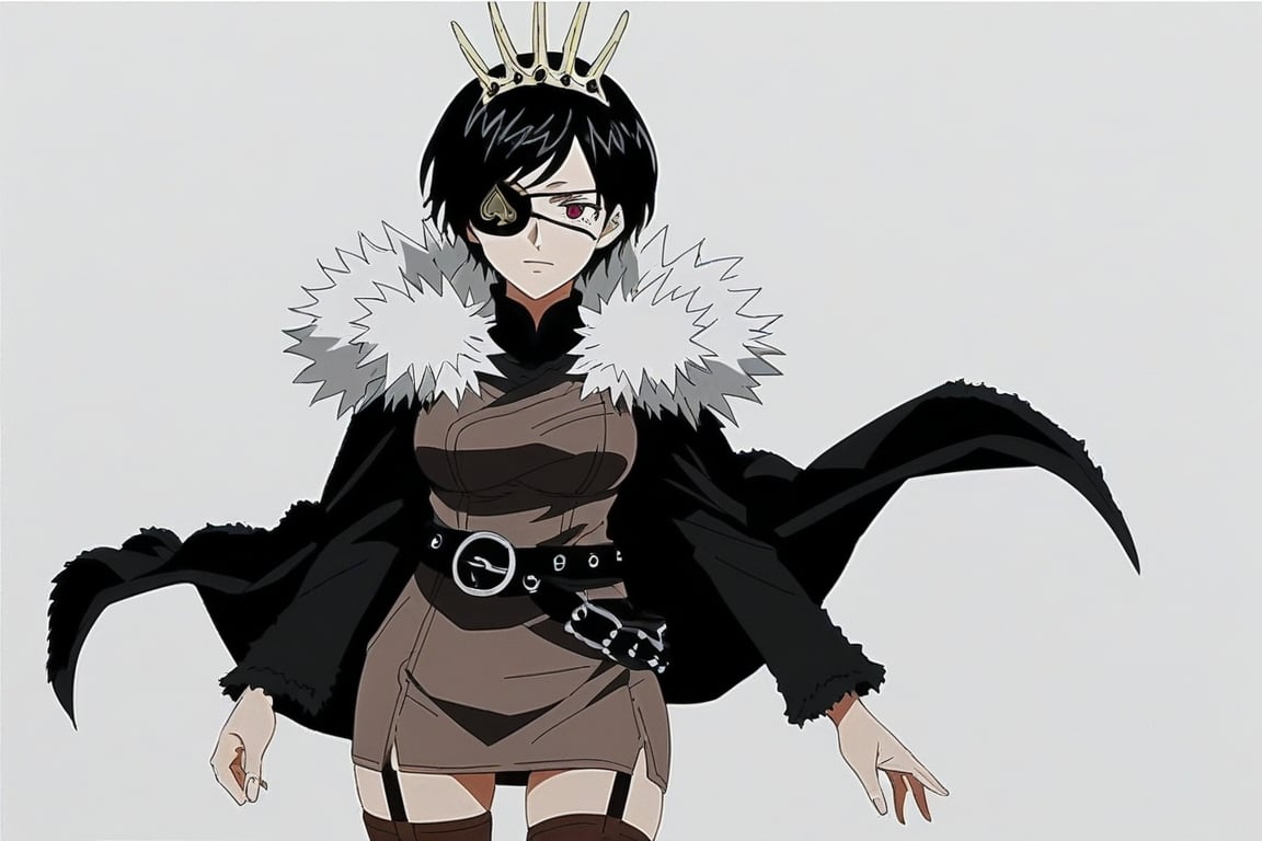 score_9, score_8_up, score_7, source_anime, anime screencap, BREAK,
1girl, black hair, short hair, crown, red eyes, eyepatch , brown vest, brown skirt, belt, straps, brown thigh highs, black jacket, fur trim, crown, fur trim, belt, cape, zettai ryouiki, jacket thighhighs, long sleeves, cloak, short dress, 

, Cowboy shot, 
Monochrome, greyscale, manga art style, 

, ((white background, blank background)):1.3,Vanica