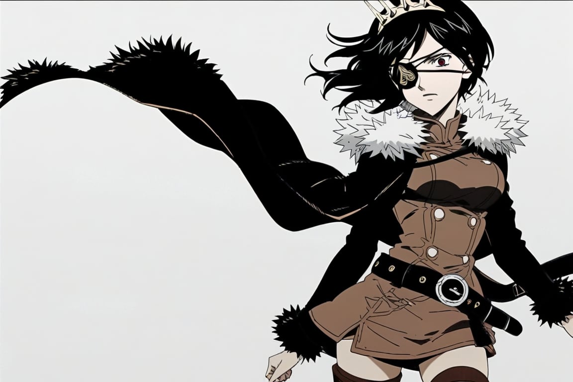 score_9, score_8_up, score_7, source_anime, anime screencap, BREAK,
1girl, black hair, short hair, crown, red eyes, eyepatch , brown vest, brown skirt, belt, straps, brown thigh highs, black jacket, fur trim, crown, fur trim, belt, cape, zettai ryouiki, jacket thighhighs, long sleeves, cloak, short dress, 

, Cowboy shot, 
Monochrome, greyscale, manga art style, 

, ((white background, blank background)):1.3,Vanica