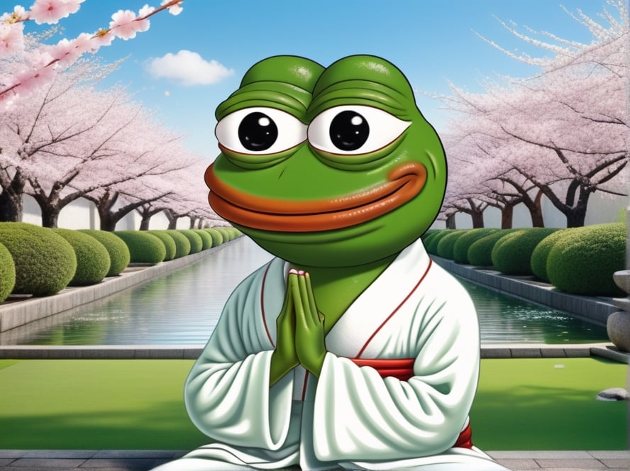 realistic ultrarealistic photorealistic full body portrait of a happy Pepe the frog (((pepe_frog))) on deep meditation,  w...