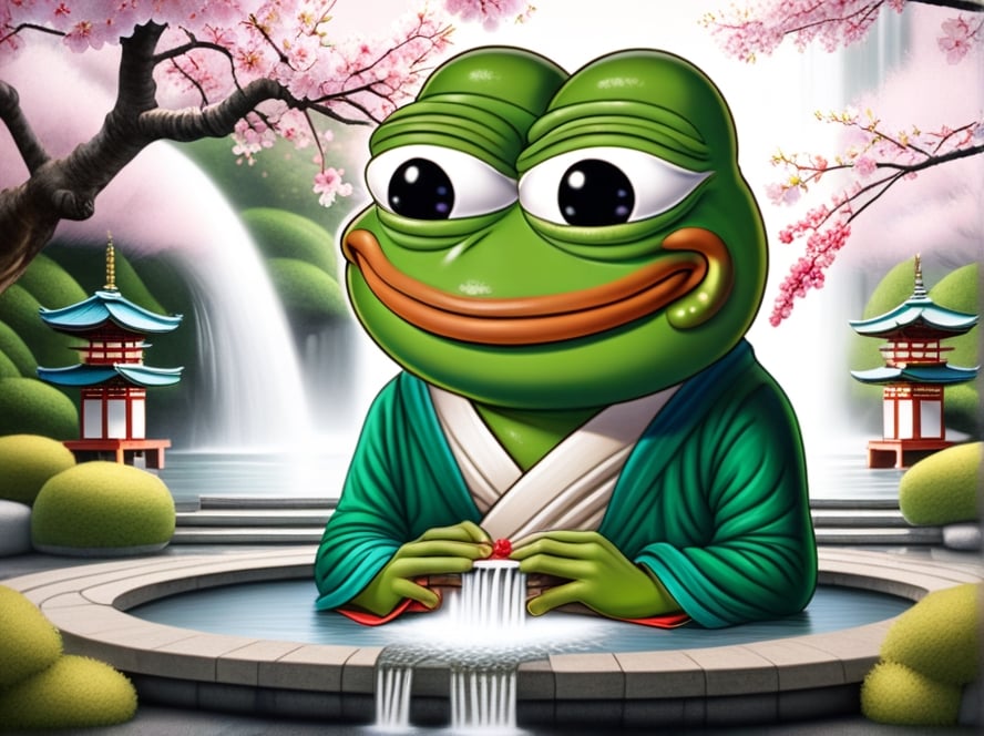 realistic ultrarealistic photorealistic full body portrait of a happy Pepe the frog (((pepe_frog))) on deep meditation,  o...