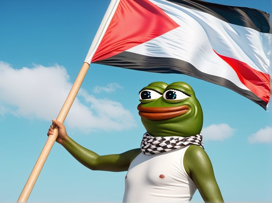 realistic ultrarealistic photorealistic full body portrait of a happy Pepe the frog (((pepe_frog))) waving a Palestinian f...