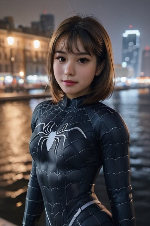 1girl, night, cityscape, city lights, upper body, close up, 8k, raw photos, best quality, masterpiece, realistic, photo realistic, spider-man suit, huge, thick thighs, asian face, short hair, brunette hair,ice and water,inst4 style