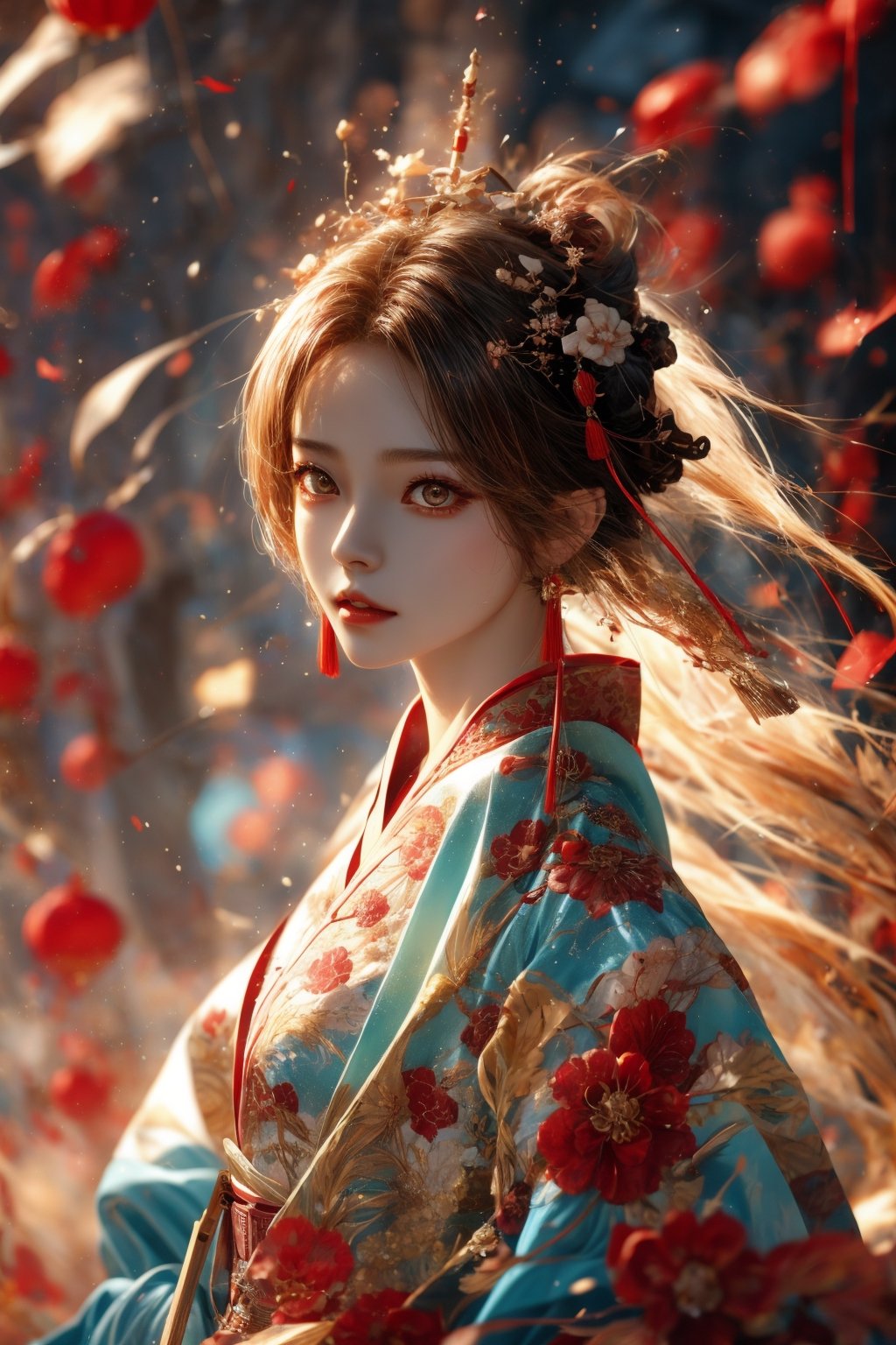 muelsyse (Arknights), 1girl, solo, slightly upturned lips, lipgloss, beautiful delicate eyes, hanfu, hanfu, splash background, holding sword, best quality, amazing quality, very aesthetic, ridiculous,girl, chinese clothes ,yumi