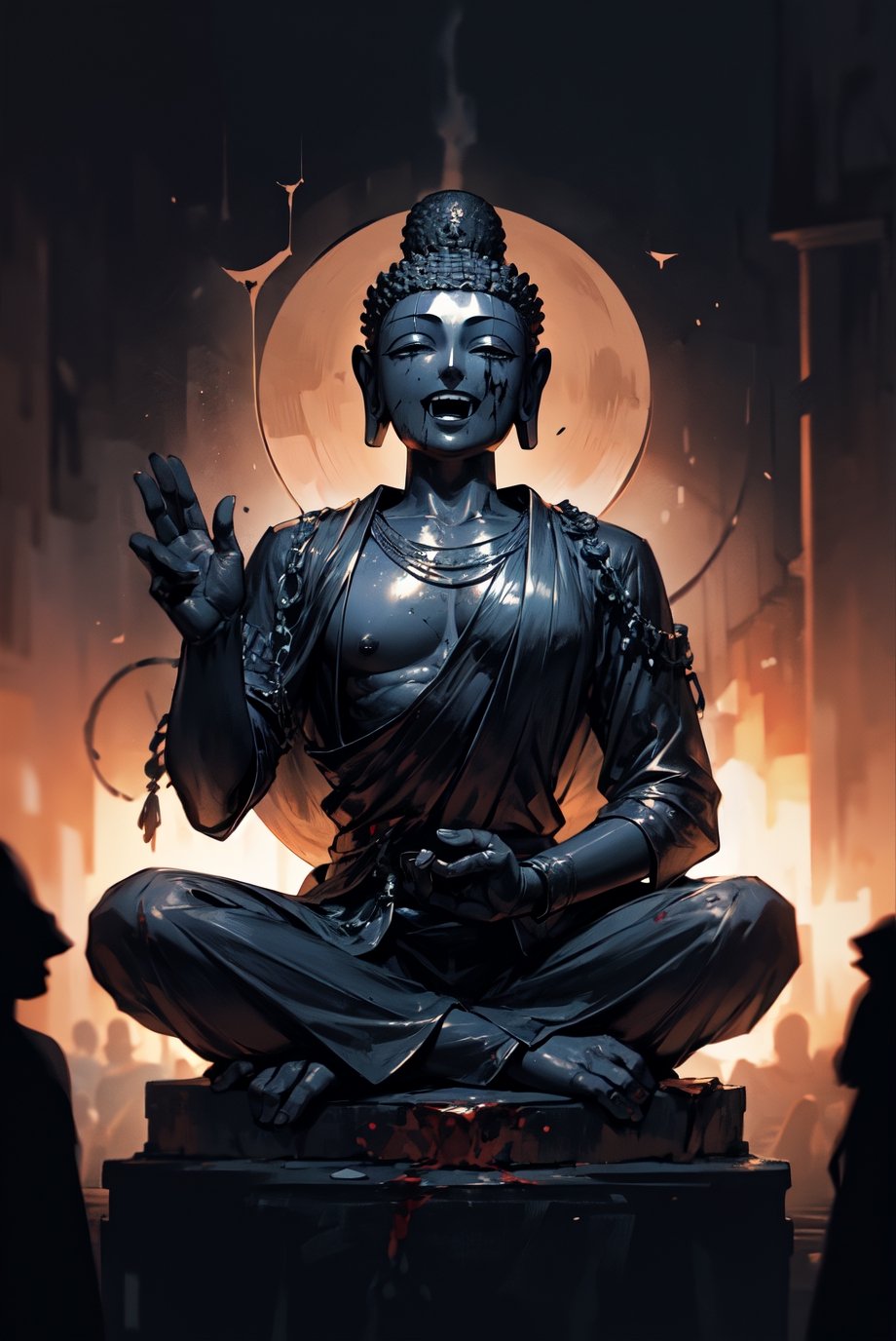 1 The evil stone Buddha statue,  the stone statue has a strange expression and laughter,  blood flowing out of the corners...