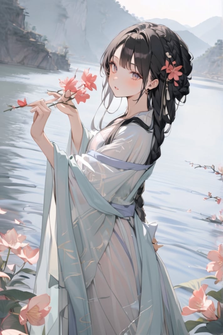 1 Chinese woman, 30 yo,with long black hair (braid), a pink lily in her hair, wearing a blue flat mouth, white translucent Hanfu, holding a branch with red peach blossoms in her hand, posing like a battle, the background is on the bank of the river in the south of the Yangtze River，4k, elegant, no expression