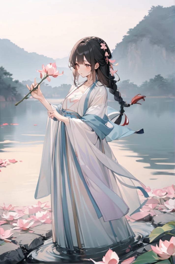 1 Chinese woman, 30 yo,with long black hair (braid), a pink lily in her hair, wearing a blue flat mouth, white translucent Hanfu, holding a branch with red peach blossoms in her hand, posing like a battle, the background is on the bank of the river in the south of the Yangtze River，4k, elegant, no expression