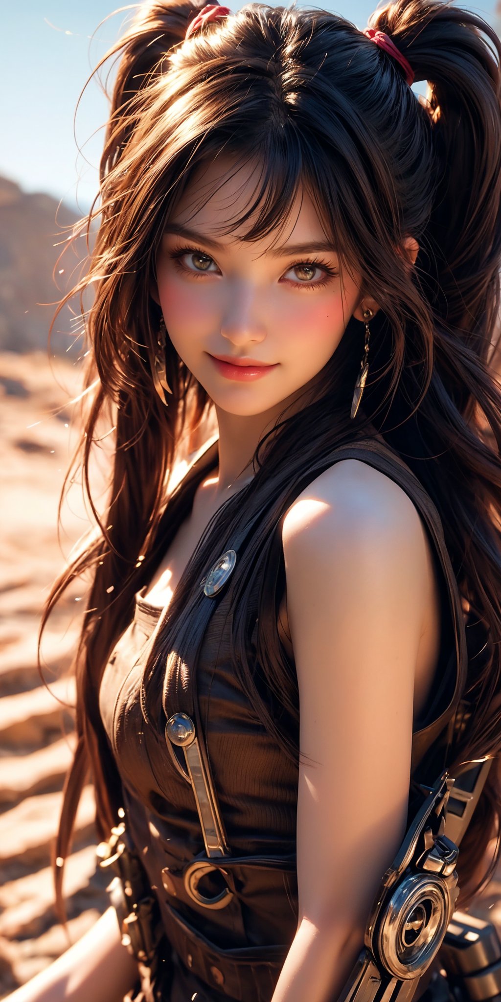 A stunning 32k UHD, 3D CG masterpiece of a tribal girl hunter standing proudly in the middle of a vast desert landscape. The heroine wears knee-high boots and armor, her long black hair styled in twin tails with bangs framing her smiling face. Her eyes shine brightly as she holds bazooka assault  at the ready,aqua hair, its realistic details perfectly rendered. The desert sun casts natural light on the scene, capturing every detail of this photorealistic image. In the distance, a battle-scarred landscape stretches out, with the girl's confident stride and determined expression showcasing her bravery in the face of war.,(full-body short),best life and shadow. 