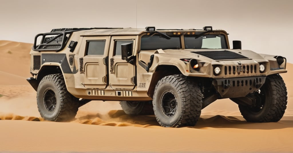 A futuristic of war vehicle, high-resolution masterpiece captures a sleek, camouflage-patterned texture,  military vehicle, LM002-inspired, with a sharp focus on the rugged terrain. The dune's gradient meets the vehicle's gray body, worn at the edges like battle scars. Laser headlights pierce the darkness, while double-row seats evoke a sense of stealth and power. From a diagonal angle, the camera captures the vehicle's imposing presence, as if ready to enter the Death Race arena.