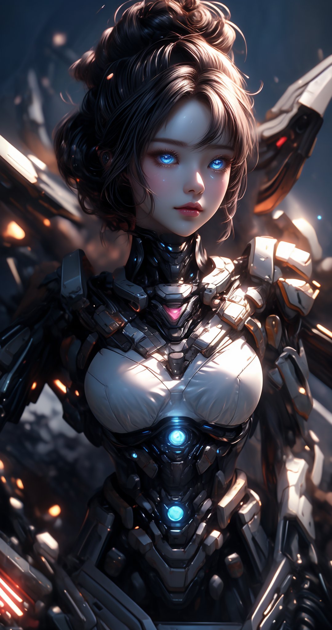 Here's a prompt that incorporates all your words:

Create a stunning 64K CG wallpaper featuring a beautiful and seductive cyborg woman in battle mode, with intricate details and high resolution textures. The scene is set against a dark backdrop, illuminated only by the glowing blue eyes of our protagonist, who sports bun hair and a cute face with mesmerizing gaze. Her entire body is composed of advanced machinery, as if she's a walking war machine. She wears a futuristic outfit that seamlessly integrates her mechanical limbs. The photo captures her full figure, showcasing every detail from head to toe. The atmosphere is intense, with a sense of darkness and foreboding, as if she's about to unleash her fury on the battlefield. Capture this masterpiece in RAW format, ensuring the best possible quality for the discerning viewer.