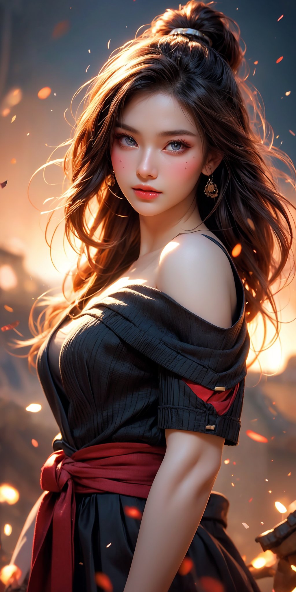 A masterpiece of photorealism, shot in RAW at 8k resolution, captures the essence of Sengoku-era Japan as a slim female samurai stands victorious amidst war fires raging everywhere. The perfect dynamic composition frames her flawless facial features and highly detailed skin textures. Her sharp Japanese sword glints in the flickering light as she wears an elaborate ring-adorned off-shoulder uniform, showcasing her beautiful blue eyes that seem to burn with eros. A bewitching smile plays on her lips, hinting at a thrill of pleasure. The camera's gaze lingers on her full, curvaceous figure, framed by the chaos of war, as she embodies the perfect blend of cute and sexy beauty.