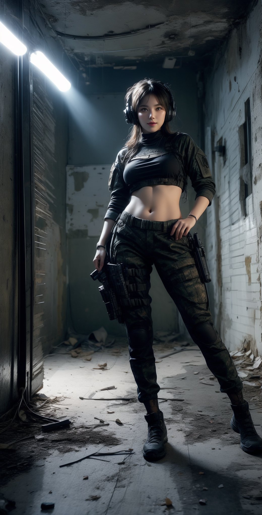 1 beautiful female soldier, wearing communication headphones, young female soldier, girl sniper with small automatic rifle, futuristic combat gear, wearing military camouflage crop top, big breasts, navel, military shorts, thighs, cool action pose, wearing tactical gear with ammunition, cowboy gets shot, inside abandoned city in desert after battle,Taskforce,cameltoe, Glamor body type,  blushed face:0.7),((nervous and embarrassed)), sharp-focus,  beauty mix,  FilmGirl, film grain, detailed fingers, beautiful and aesthetic, masterpiece, high contrast,  bokeh:1.2,  lens flare,  (vibrant color:1.4), (muted colors,  cinematic lighting,  ambient lighting,  side lighting,  Exquisite details and textures, cinematic shot, perfect tone,  (Bright and intense:1.2),  wide shot, (full-body view:1.5), (smile expression:1),ultra-realistic illustration, Siena natural ratio,  Best Quality,  photorealistic,  ultra-detailed,  finely detailed,  high resolution,  perfect dynamic composition,official art, digital illustration, best studio quality, 64k UHD, octane render, sharp focus, smooth rhythm,1girl