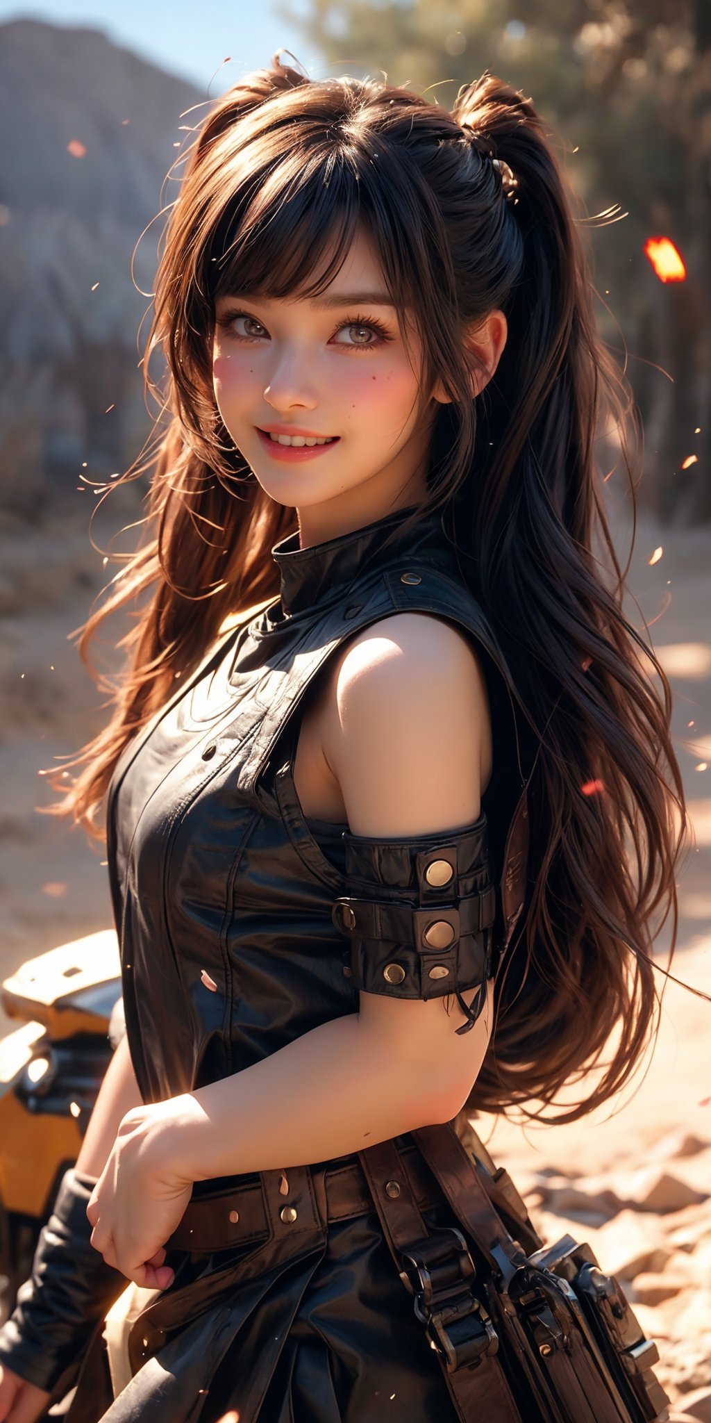 Here is a prompt that combines the elements you provided:

A stunning 32k UHD, 3D CG masterpiece of a tribal girl hunter standing proudly in the middle of a vast desert landscape. The heroine wears knee-high boots and armor, her long black hair styled in twin tails with bangs framing her smiling face. Her eyes shine brightly as she holds bazooka assault  at the ready,aqua hair, its realistic details perfectly rendered. The desert sun casts natural light on the scene, capturing every detail of this photorealistic image. In the distance, a battle-scarred landscape stretches out, with the girl's confident stride and determined expression showcasing her bravery in the face of war.,(full-body short),best life and shadow. 